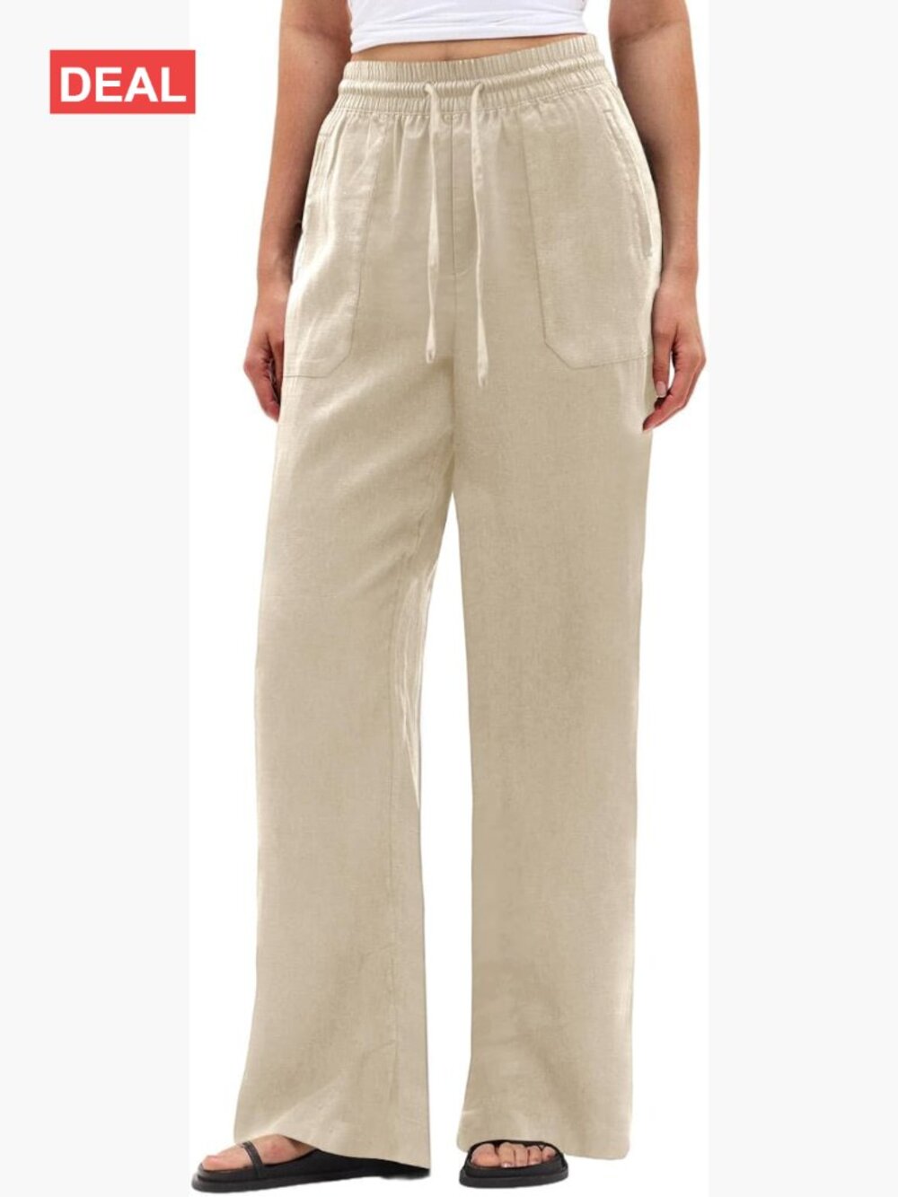 Wide Leg Palazzo Pants Drawstring Flowy Beach Linen Trousers with Pockets